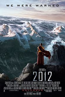 A Buddhist monk standing against a background of the Himalayan mountains while a mega tsunami is surging over them.