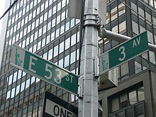An picture looking up at an intersection street pole where East 53rd Street and Third Avenue.