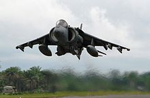 Grey jet aircraft executing a vertical takeoff with line of tropical trees serving as backdrop. Under each wing is an external fuel tank.