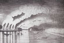 A drawing shows ships on a river with a town on fire on the left bank.
