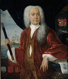Adrian Valckenier, Governor General of the Dutch East Indies, in a large white wig and regal clothing, holding a pipe-shaped object