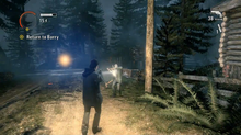 A screenshot of Alan Wake, showing the player's character aiming his flashlight and handgun at an enemy, in an exterior environment.