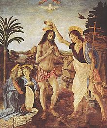 Painting showing Jesus, naked except for a loin-cloth, standing in a shallow stream in a rocky landscape, while to the right, John the Baptist, identifiable by the cross that he carries, tips water over Jesus' head. Two angels kneel at the left. Above Jesus are the hands of God, and a dove descending.