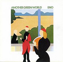 A picture of the album cover. In the center is an image made of geometric shapes showing two people inside and a window showing bushes and a man outside. Above this image the words "Another Green World" and "Eno" are written.