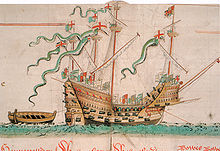 A highly ornamented ship with four masts and bristling with guns sailing over a mild swell towards the right of the picture, towing a small boat