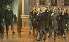Drawing of a group of men looking at another man