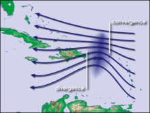 Map of Caribbean showing 7 approximately parallel westward-pointing arrows that extend from east of the Virgin Islands to Cuba. The southern arrows bend northward just east of the Dominican Republic before straightening out again.