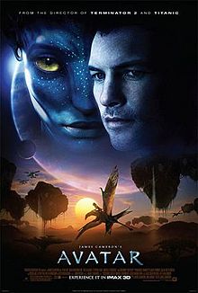 On the upper half of the poster are the faces of a man and a female blue alien with yellow eyes, with a giant planet and a moon in the background and the text at the top: "From the director of Terminator 2 and Titanic". Below is a dragon-like animal flying across a landscape with floating mountains at sunset; helicopter-like aircraft are seen in the distant background. The title "James Cameron's Avatar", film credits and the release date appear at the bottom.