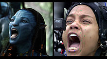 The left image shows the blue cat-like alien Neyitiri shouting. The right image shows the actress who portrays her, Zoe Saldana, with motion-capture dots across her face and a small camera in front of her eyes.