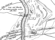 Map showing the terrain at the site of Babylon as it was in 1829. Various mounds, outcrops and canals are shown, with the river Tigris running through the middle. At the centre of the map is a mound marked "E", where the Cyrus Cylinder was discovered in March 1879