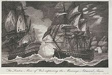 Engraving of two ships exchanging broadsides at night in high seas.