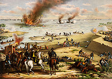 Two ironclad ships firing on each other, with a Union ship burning nearby and soldiers on the shore watching the battle.