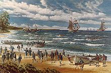 Painting of Continental Marines landing on a tropical beach from rowboats, with two ships in the background