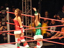 Two dark-haired Caucasian female identical twins are standing in a wrestling ring with red ropes, facing in opposite directions. They are both wearing dresses in the in the fashion of 'Santa Claus', although one is red and one is green.