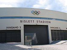 Gate into Bislett Stadion, above is the symbol of the Olympics, five interlocking rings