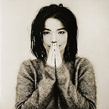 A picture of the album cover depicting a muted background with Björk standing facing forward in the middle. Björk is dressed in a fuzzy ragged sweater with her hands close together covering most of her mouth.