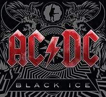 In the forefront, the logo for AC/DC in red letters, and under it a quadrilateral with “Black Ice” in white letters. In the background, a mosaic with tribal motifs, drawings of horns, wings, a man in a straitjacket, and a guitarist inside a cog.