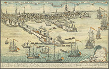 A wide view of a port town with several wharves. In the foreground there are eight large sailing ships and an assortment of smaller vessels. Soldiers are disembarking from small boats onto a long wharf. The skyline of the town, with nine tall spires and many smaller buildings, is in the distance. A key at the bottom of the drawing indicates some prominent landmarks and the names of the warships.