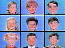 A 3 x 3 grid of squares with face shots of all nine starring characters of the television series: three blond girls in the left three squares, three brown-haired boys in the right three squares, and the middle three squares feature a blond motherly woman, a dark-haired woman, and a brown-haired man; all the faces are on blue backgrounds.