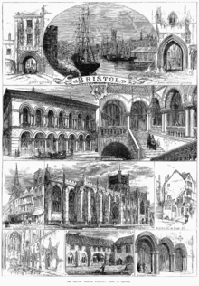  An engraving showing at the top a sailing ship and paddle steamer in a harbour, with sheds and a church spire. On either side arched gateways, all above a scroll with the word "Bristol". Below a street scene showing pedestrians and a horse drawn carriage outside a large ornate building with a colonnade and arched windows above. A grand staircase with two figures ascending and other figures on a balcony. A caption reading "Exterior, Colston Hall" and Staircase, Colston Hall". Below, two street scenes and a view of a large stone building with flying buttresses and a square tower, with the caption "Bristol cathedral". At the bottom views of a church interior, a cloister with a man mowing grass and archways with two men in conversation.