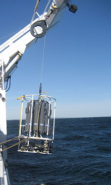 A CTD unit being deployed from a ship