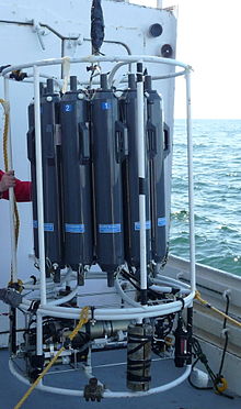 A CTD unit on ship deck, showing rosette of water samplers