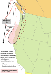 Map of the Cascadia subduction zone and location of nearby volcanoes along coastal United States and Canada.