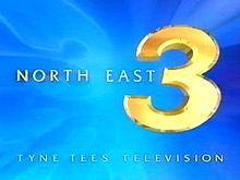 The captions "North East" and "Tyne Tees Television" surround a large yellow number three, on a light blue background