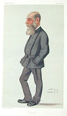 Caricature of Charles Boycott by Spy (Leslie Ward). Boycott is shown with a long grey beard, a long nose and a bald head.
