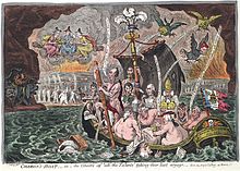 A group of naked British Whig politicians, including three Grenvilles, Sheridan, St. Vincent, Moira, Temple, Erskine, Howick, Petty, Whitbread, Sheridan, Windham,and Tomline, Bishop of Lincoln, crossing the river Styx in a boat named the Broad Bottom Packet. Sidmouth's head emerges from the water next to the boat. The boat's torn sail has inscription "Catholic Emancipation" and the center mast is crowned with the Prince of Wales feathers and motto "Ich Dien". On the far side the shades of Cromwell, Charles Fox and Robespierre wave to them. Overhead, on brooms, are the Three Fates; to the left a three-headed dog. Above the boat three birds soil the boat and politicians.