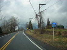 Ground-level view of a two-lane road in a rural area on an overcast day. A blue road sign on the right-hand side of the road denotes Chenango County Route 10A.