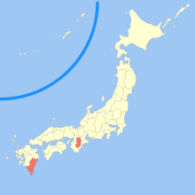 Map of Japan, with Nara and Miyazaki prefectures colored in dark green.