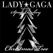 A platinum outline of a Christmas tree with a silver star at the top in front of a black background. Above it are the words "Lady Gaga" written in silver and the words "featuring Space Cowboy" written below that in italic silver. Below the tree are the words "Christmas Tree" in italic silver text.
