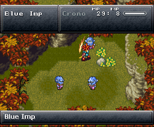 A wooded area rendered in the Super Nintendo's graphics, two gray status bars (one at the top, one at the bottom of the screen), three "Blue Imp" enemies surrounding the character Crono in the middle of the area, Crono slashing at the topmost imp which has a surprised expression on its face