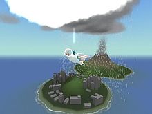 A blue-haired boy in a white robe is in the air over two small, mountainous islands. A white cloud is above him, and a gray, raining cloud is behind it.