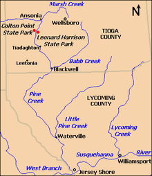 Map of Pine Creek flowing from north to south. Marsh Creek enters it in the north at Ansonia, the two parks are south of this, below is the village of Tiadaghton, and further south Babb Creek enters at Blackwell. Also in Tioga County are Wellsboro (east of the parks) and Leetonia (southwest of Tiadaghton). Lycoming County is further south and there Pine Creek receives Little Pine Creek at Waterville, and enters the West Branch Susquehanna River south of Jersey Shore. To the east is Lycoming Creek, which enters the river at Williamsport.
