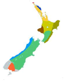 Map of New Zealand divided into multicoloured areas