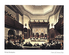 A drawing of the Court of Common Pleas, created in the early 1800's.  Three Justices in black robes stand on podiums in the middle of the room, hearing a case.  Around the outside of the room, the public is listening in on the case.