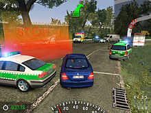 Screenshot showing a blue car progressing towards a red checkpoint circle, surrounded by green and whie police vehicles. An arrow points towards the checkpoint. There is statistical data around the outside of the screen, and a map in the top right corner.