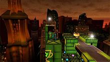 A world made up of three-dimensional blocks of various colors, along with images of the game's protagonist, Danny, and various symbols for the game including a glowing sphere indicating a checkpoint and two parts of a neon-sign-like trophy figure.