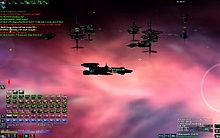 A black spaceship backlit by a pink cloud in space. Several other ships gather in the distance.