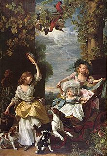 Imaginary garden scene with birds of paradise, vines laden with grapes, and architectural columns. Two young girls and a baby wearing fine dresses play with three spaniels and a tambourine.