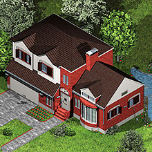 A pixelated, isometric view of a red brick house white highlights and brown trim. The number "2" is over the door and there is a lush green field and a small pond surrounding the house.