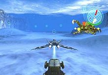 A horizontal rectangular video game screenshot that is a digital representation of a snow covered planet. Centered in the lower portion is the rear of a grey, triangular space ship. A green, white, and red icon in the upper right corner partially covers a brown and yellow alien creature.