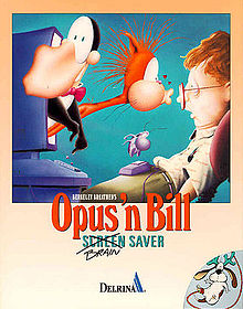 The Bloom County characters Opus the Penguin and Bill the Cat emerging from a CRT computer screen, with the cat kissing a surprised-looking user on the nose