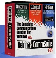 Product box of Delrina CommSuite 95, depicting the products WinComm, Cyberjack and WinFax