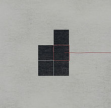 A geometric pattern of five black squares in front of a gray background. A red line comes from the right and goes around one of the squares.