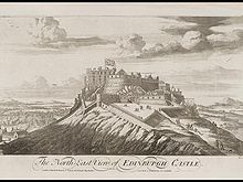 Engraving of a castle on top of a steep hill, above the title "The North East View of Edinburgh Castle". On the castle flies a large Union Flag with Scottish saltire part of flag most visible.