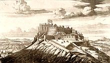 Engraving of the east front of the castle with extensive outworks