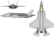 Colour drawing depicting the top, side and front of a modern jet fighter aircraft. The aircraft is painted grey and has one engine.